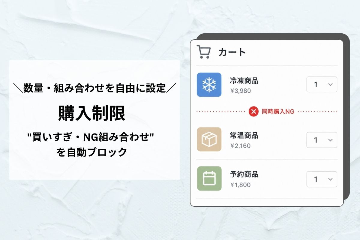 購入制限セクション — 売れない組み合わせ・数量をカートが自動で見張り、出荷トラブルと利益崩れを防ぐ